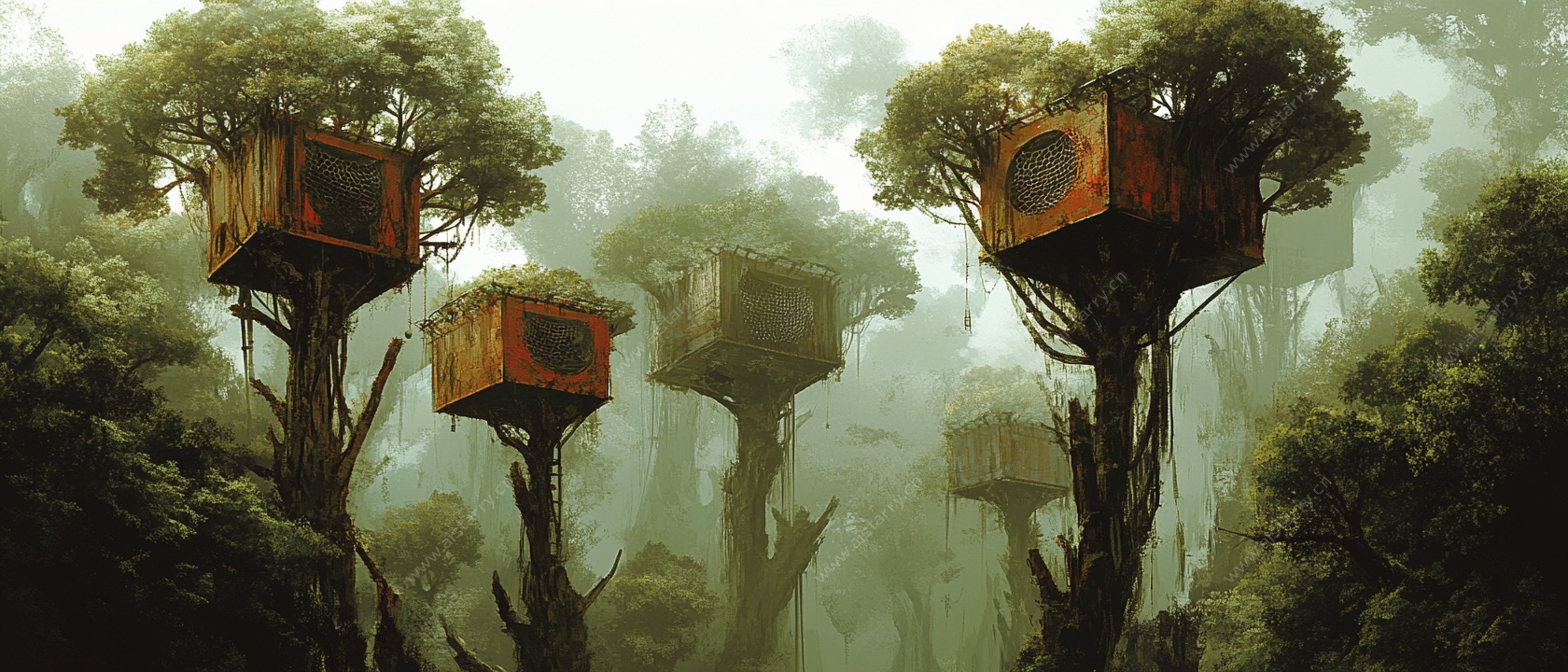 奇幻树顶小屋森林景象