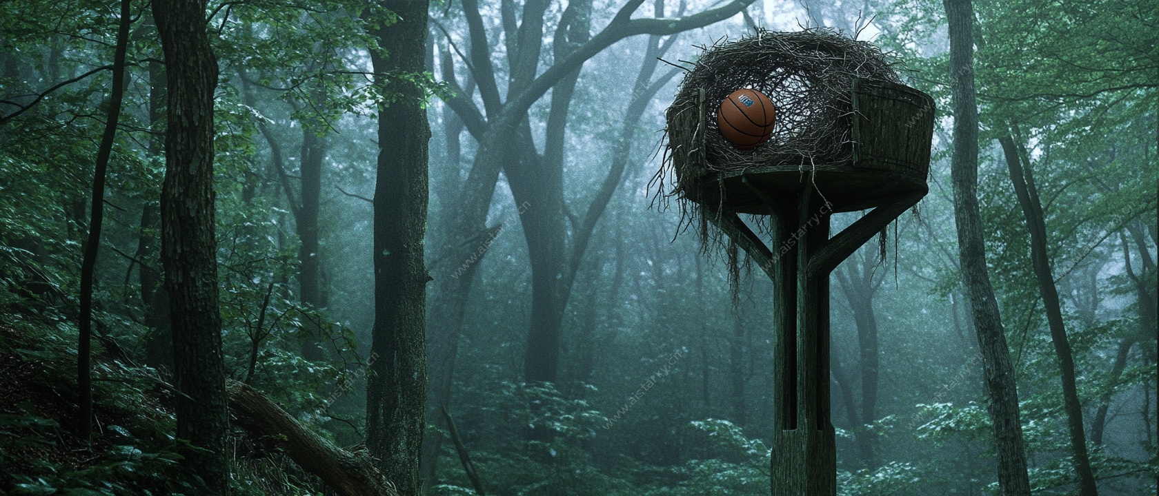 雾中森林的鸟巢