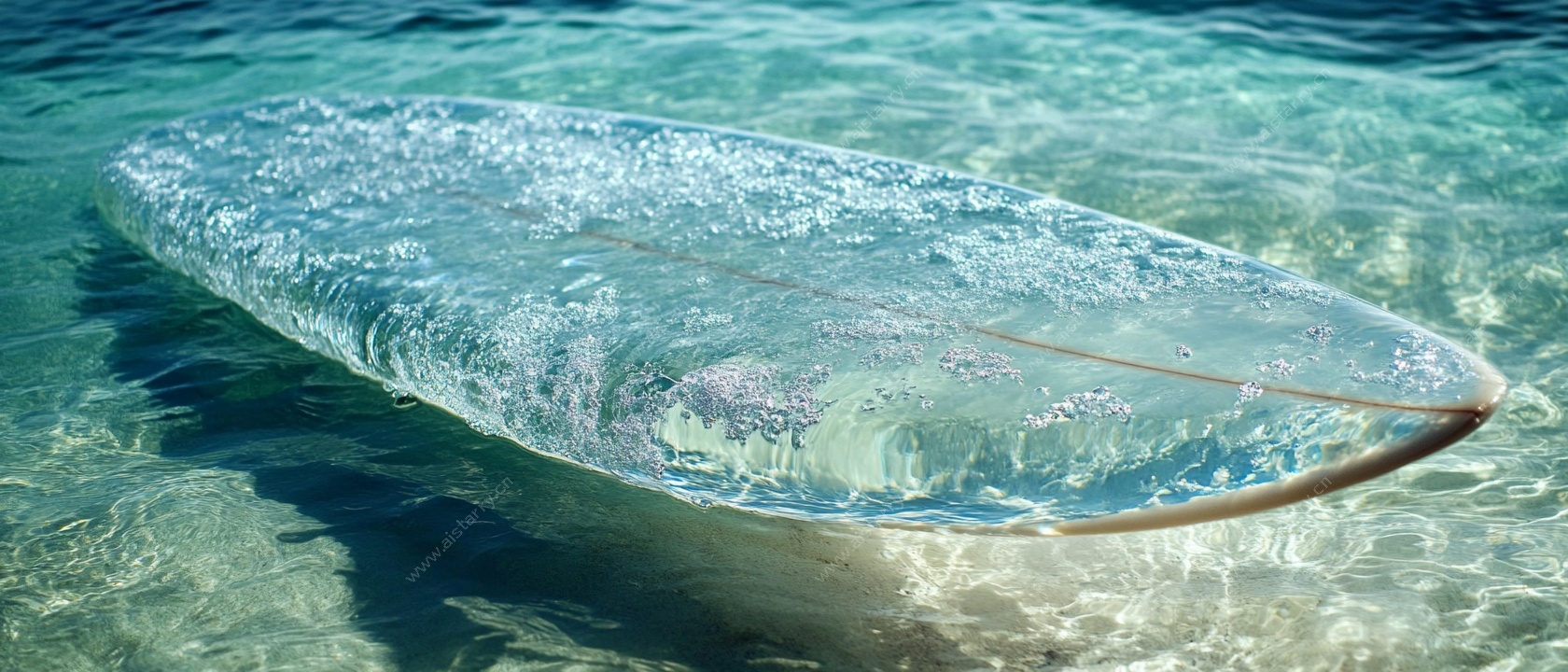 透明冲浪板漂浮于清澈海水