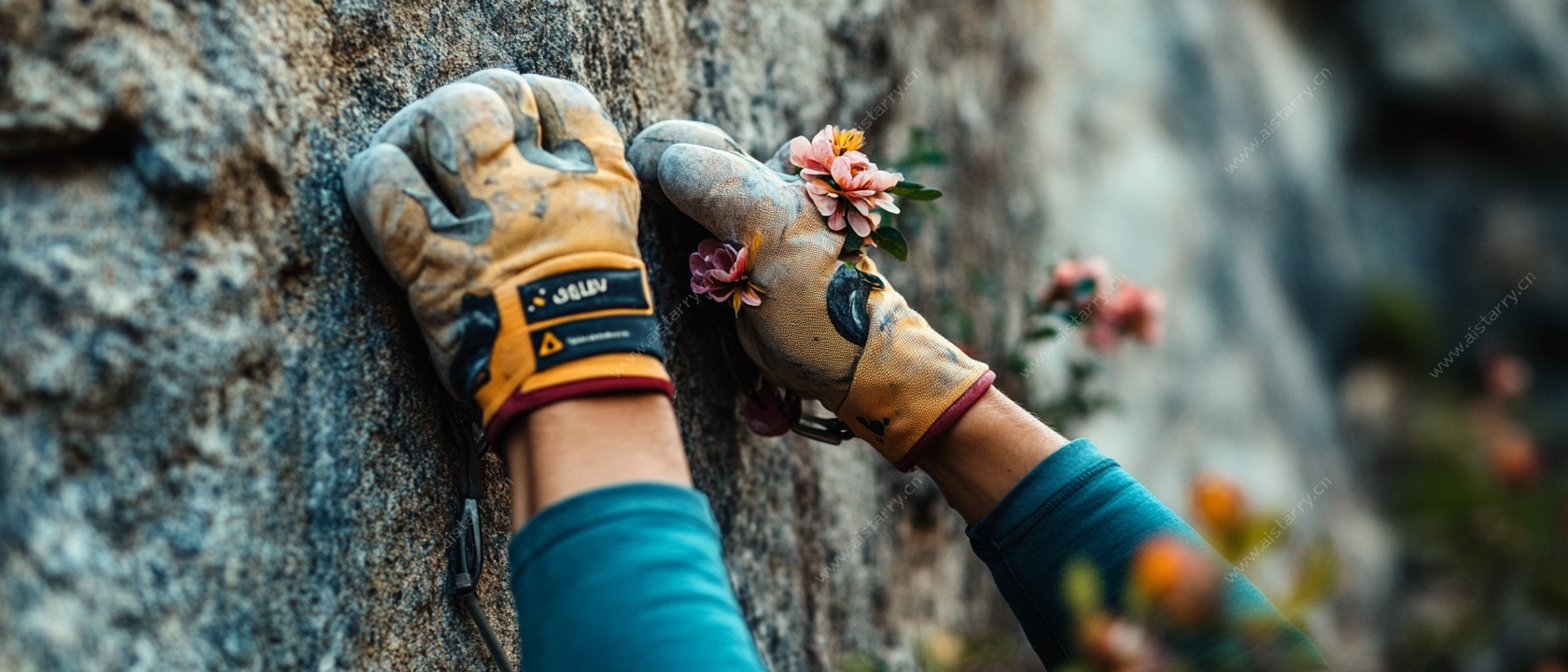 攀岩者戴手套紧握岩壁