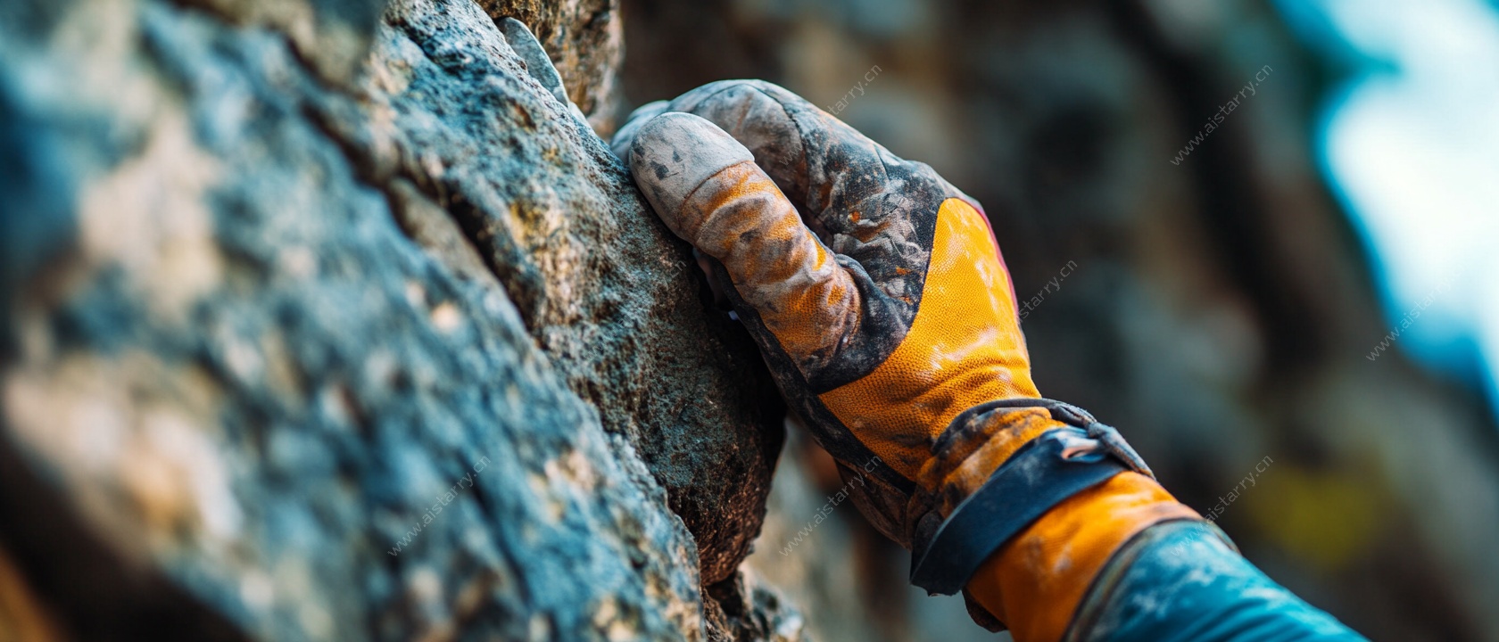 攀岩者手套抓握岩石瞬间