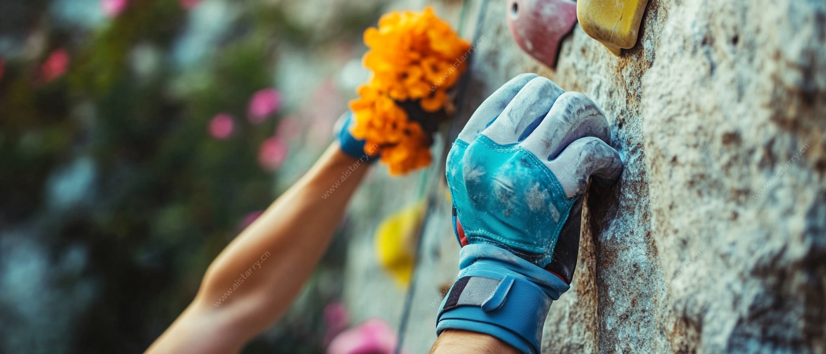 攀岩者紧握岩壁瞬间