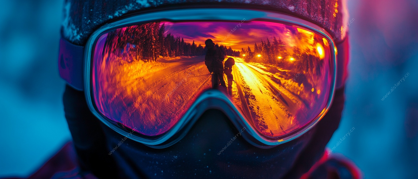 滑雪者护目镜中的梦幻风景