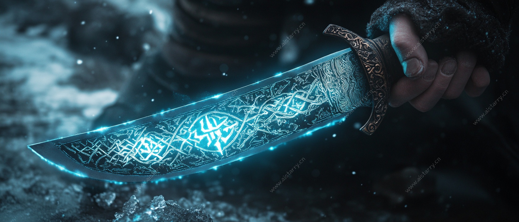 奇幻蓝光符文匕首特写