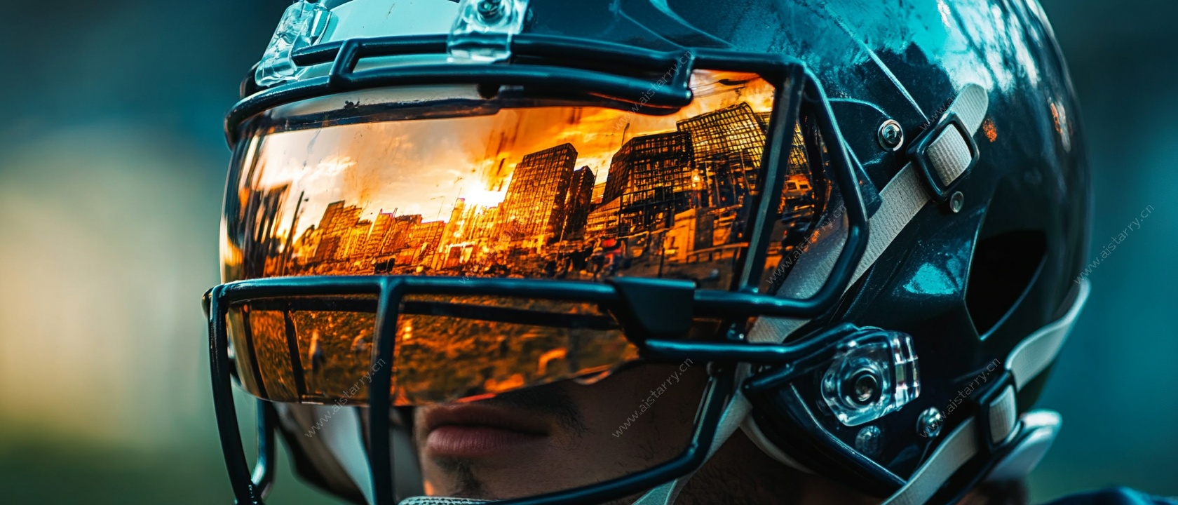 橄榄球头盔中的城市镜像