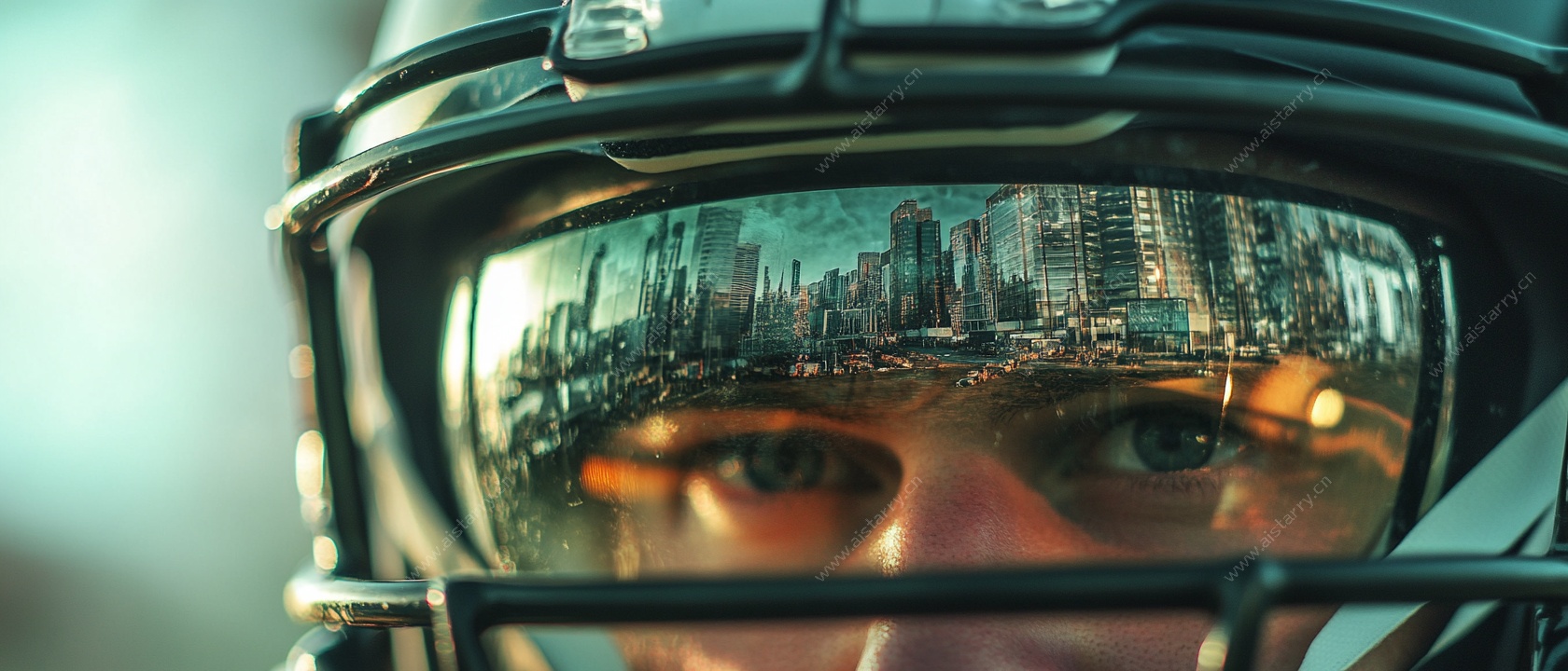 头盔中的城市倒影