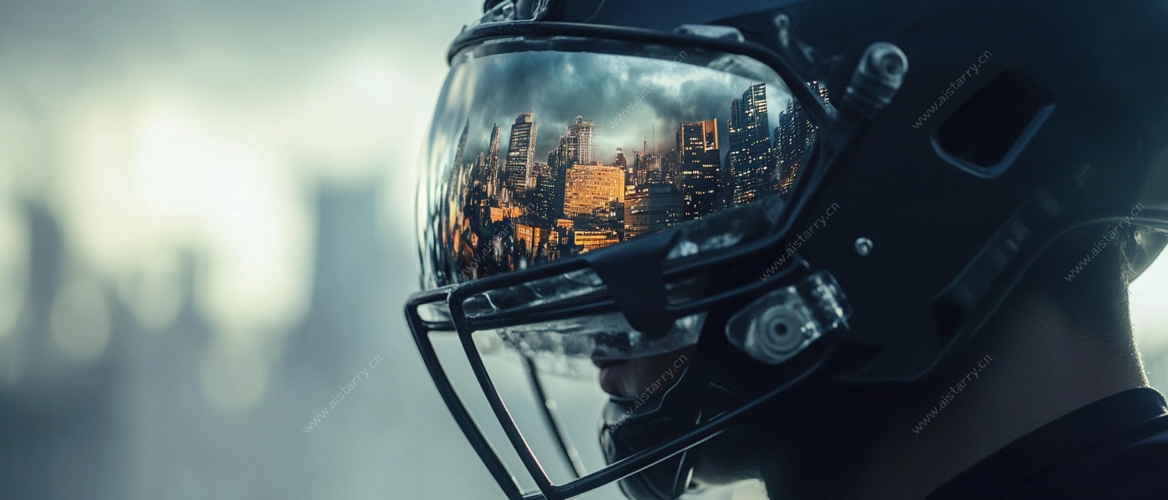 橄榄球头盔中的城市倒影