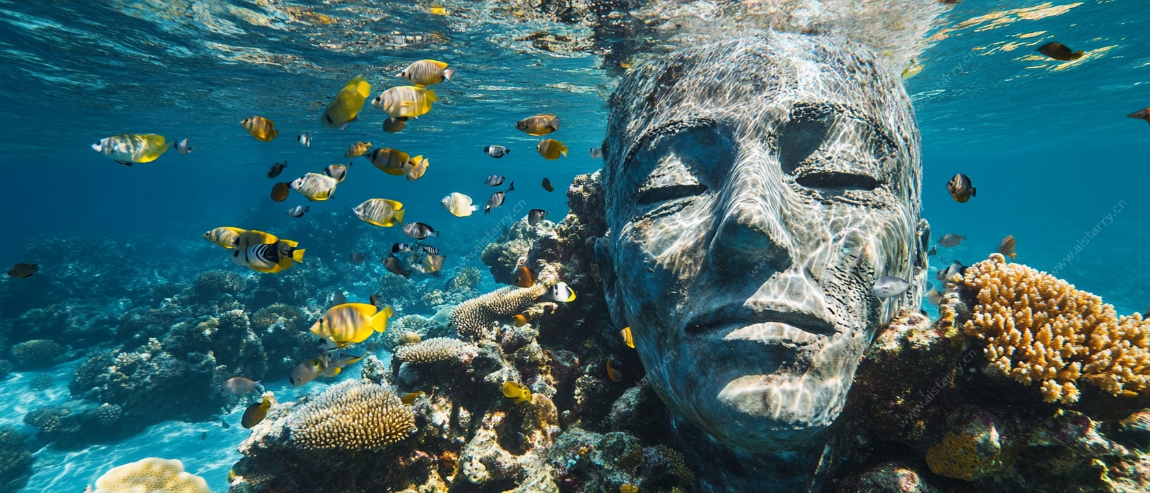 水下石雕与缤纷鱼群景观