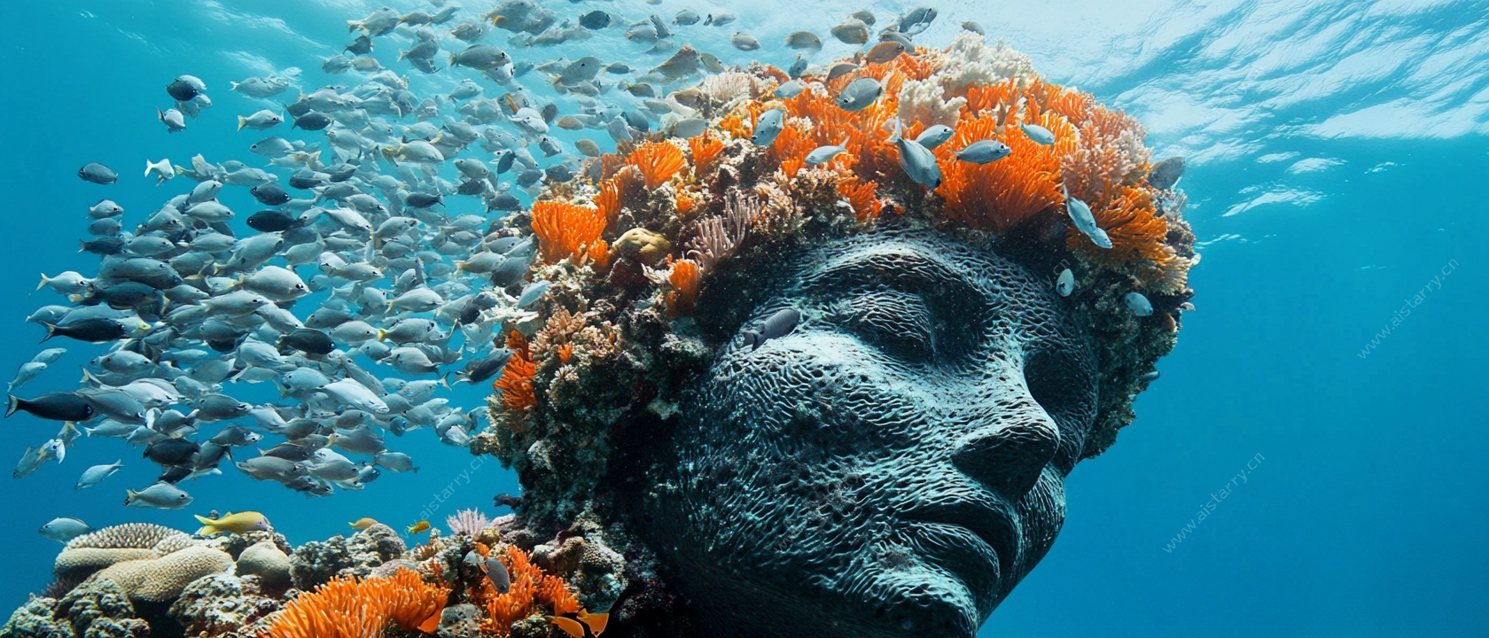 海底珊瑚覆盖的神秘雕像
