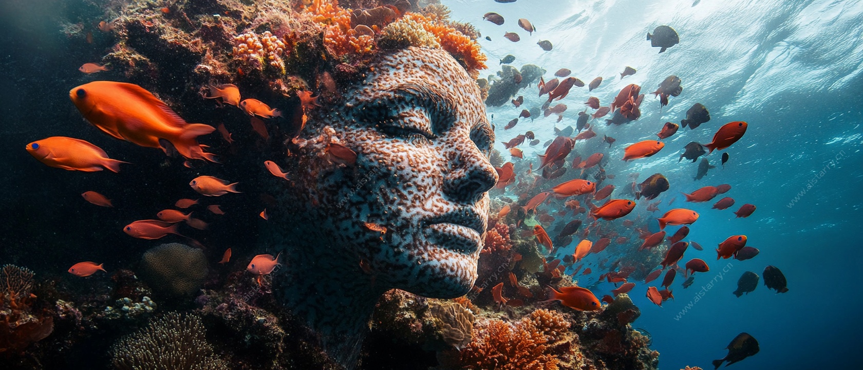 海底人脸雕塑与群鱼景观
