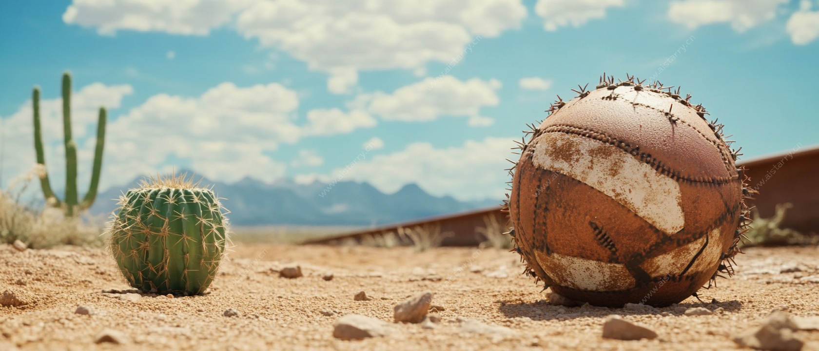 沙漠中的旧足球与仙人掌