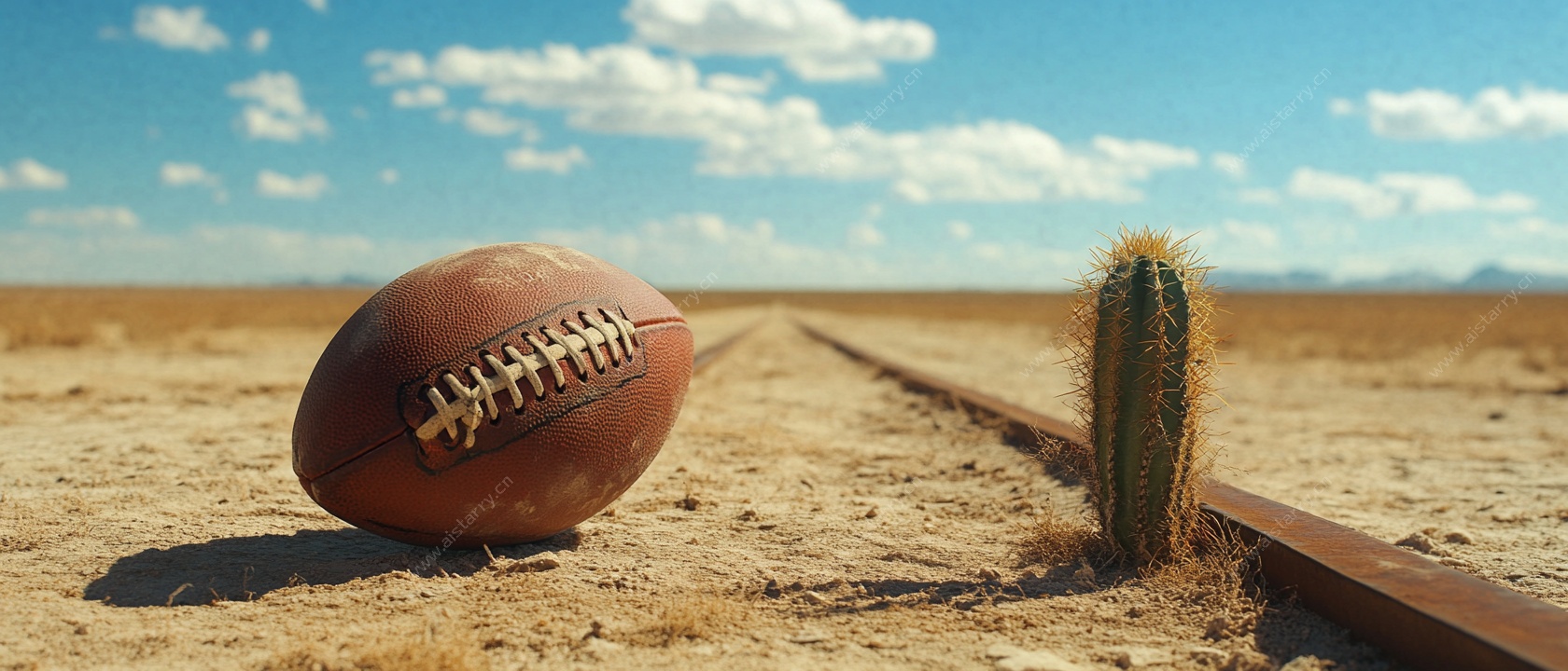 沙漠铁轨旁的橄榄球与仙人掌