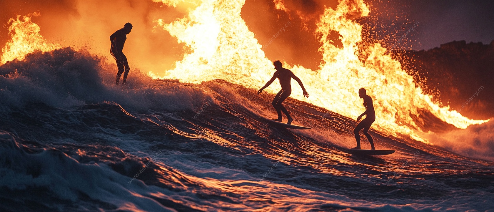 火焰海浪中激情冲浪者
