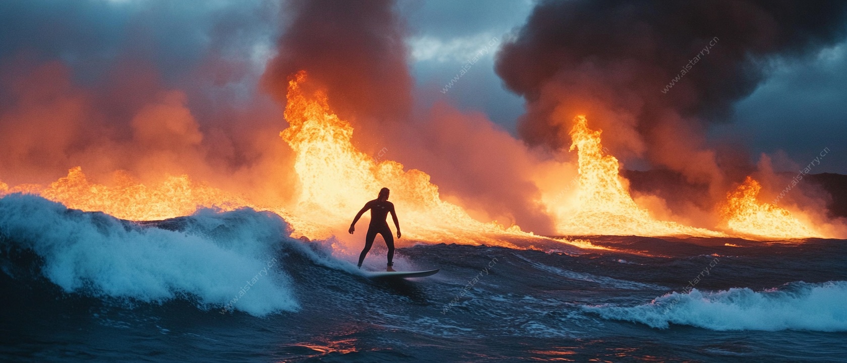 火焰海浪间的冲浪勇士