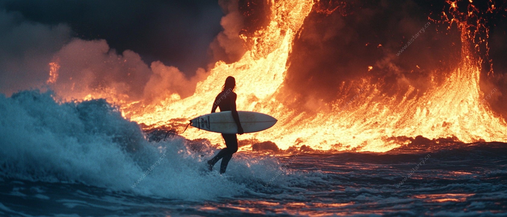 冲浪者勇立于火浪之间