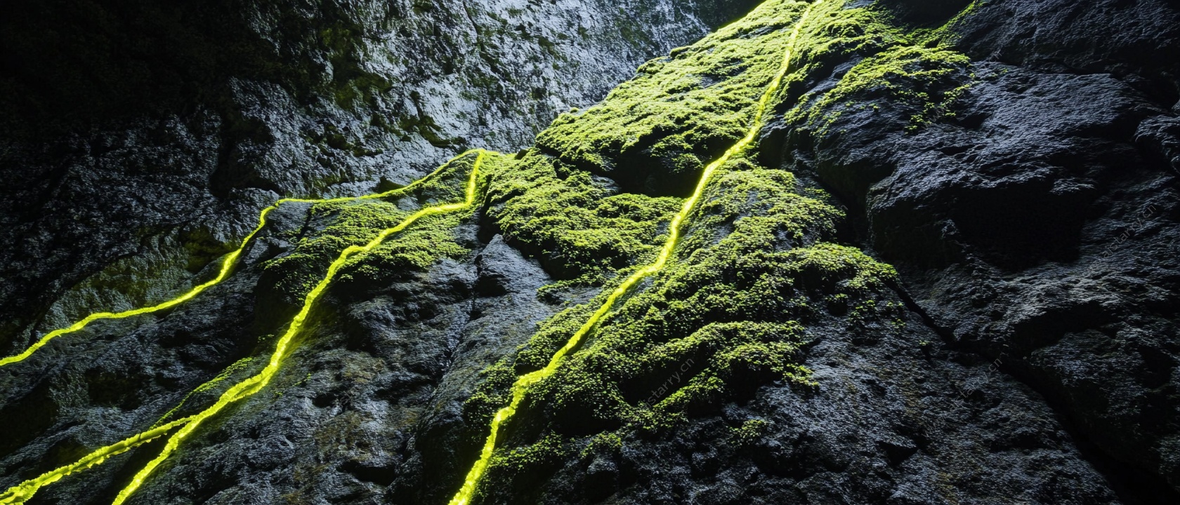 岩壁上的荧光线条奇幻景象