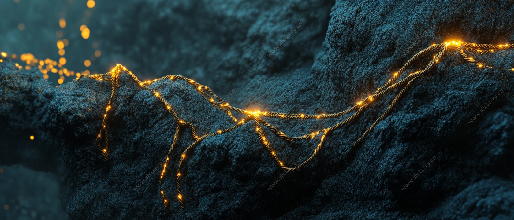 岩石上的闪烁灯串