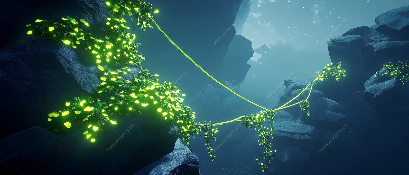 梦幻发光藤蔓悬于峡谷间