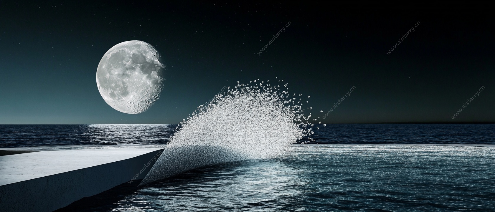 月夜行舟海上浪花飞溅