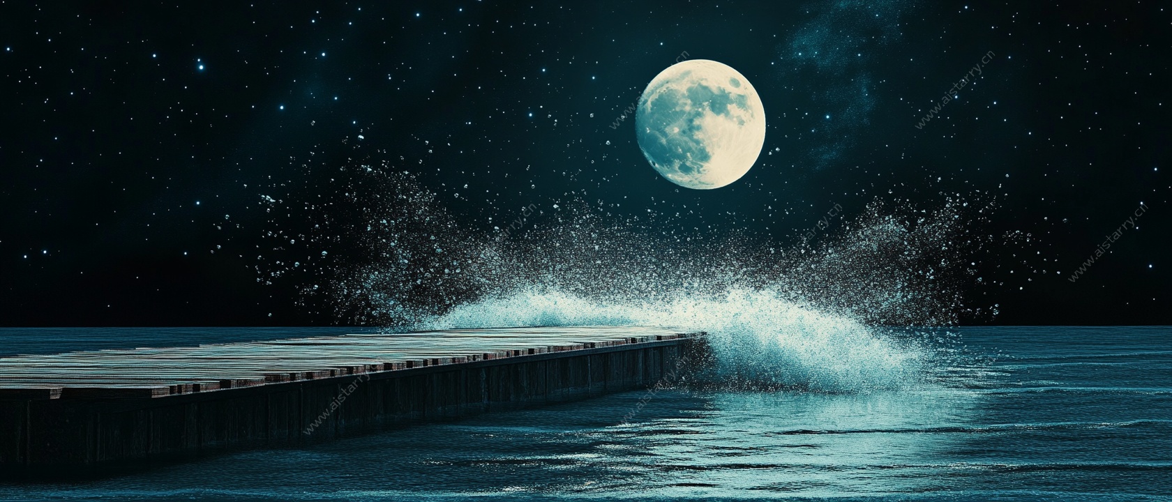 月夜码头海浪图