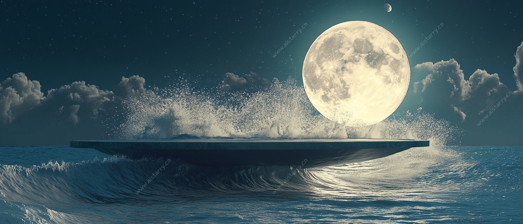 月夜海浪上的神秘平台