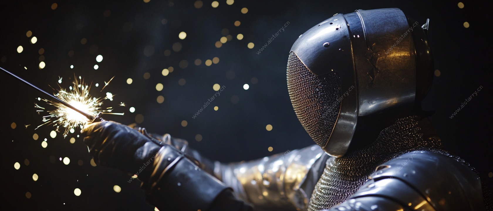 中世纪骑士挥剑迸发火花