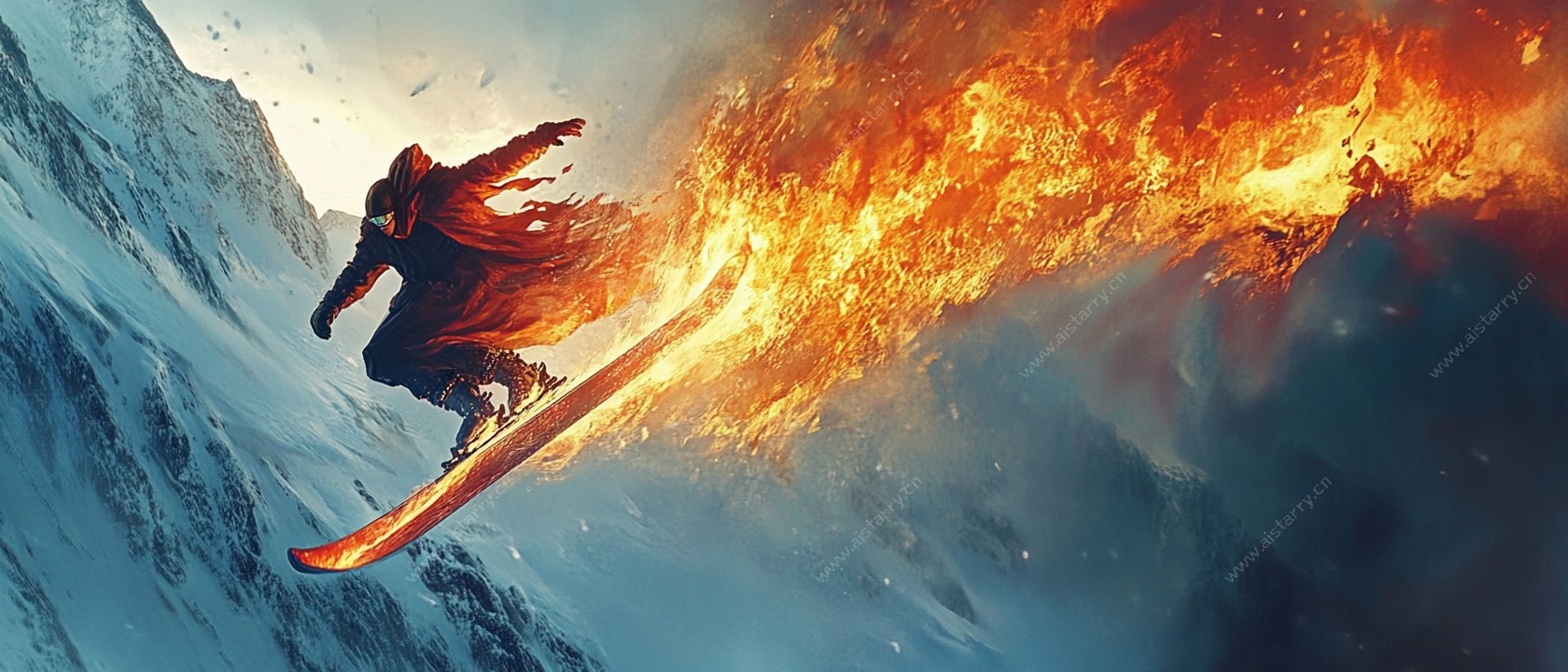 火焰滑雪者飞跃雪山之巅