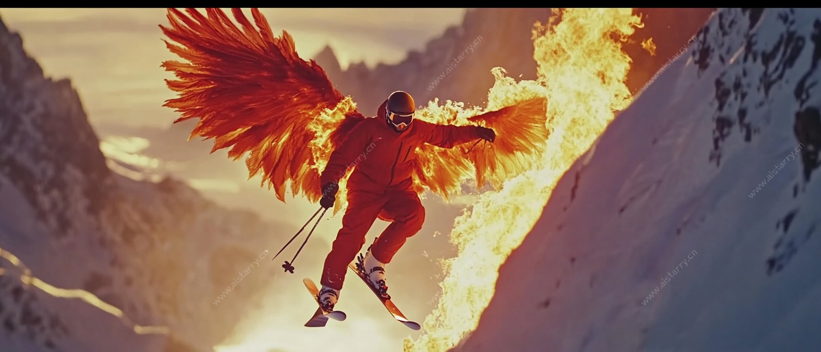 翼装滑雪者翱翔雪山之巅