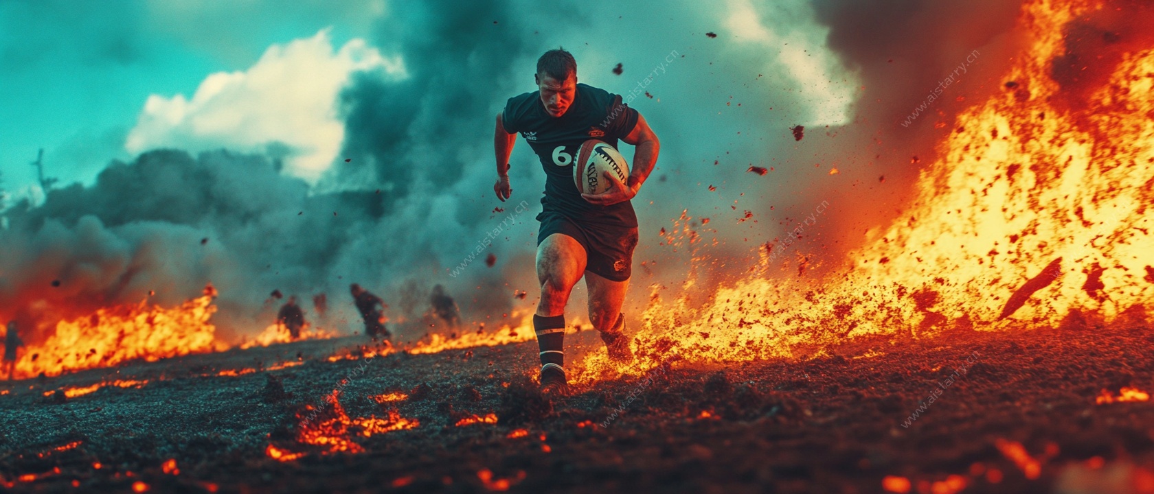 火焰中冲锋的橄榄球运动员