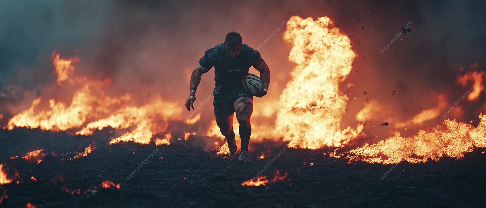 火焰中奔跑的橄榄球运动员