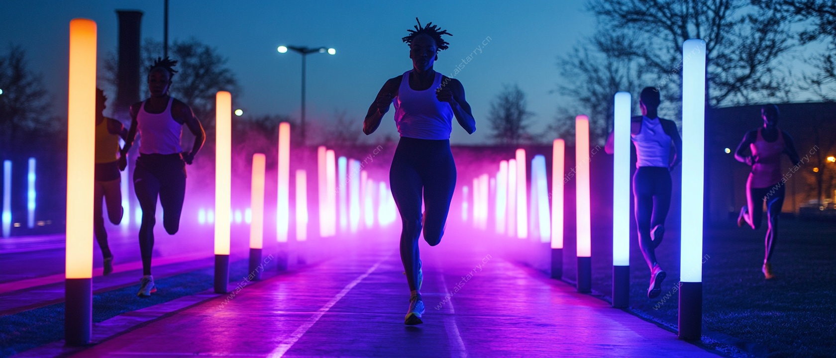 夜跑者穿梭于彩色灯光道