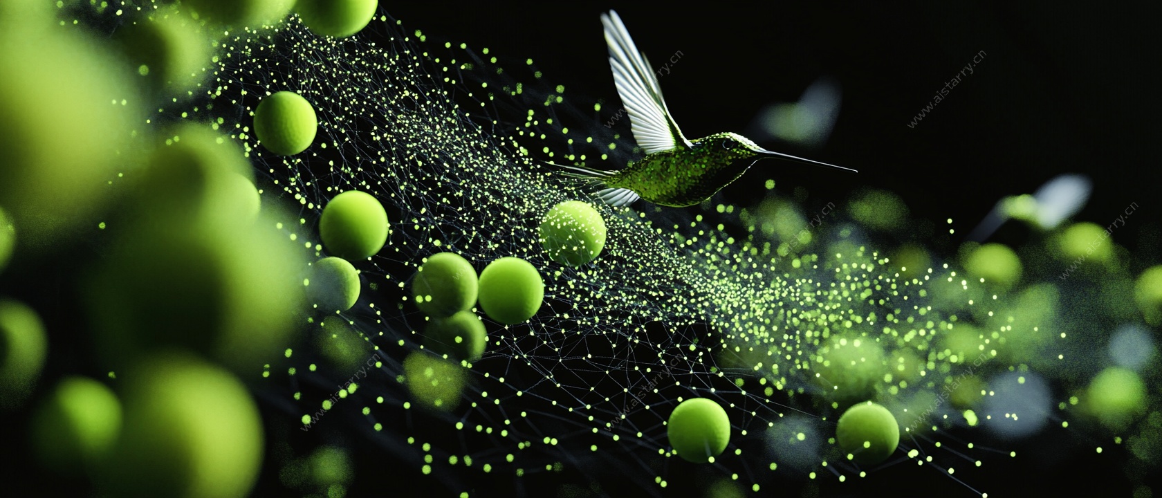 飞舞蜂鸟与绿色粒子景观