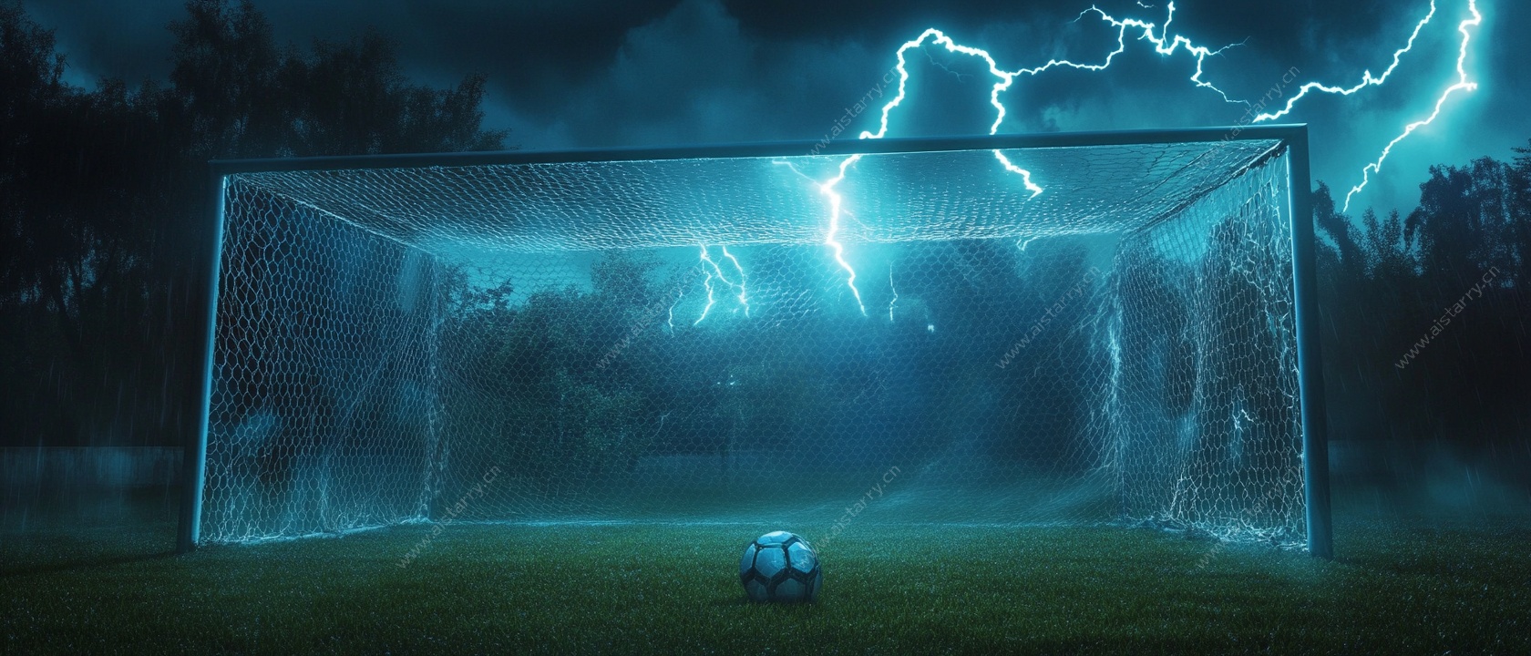 雷电下的足球门与足球