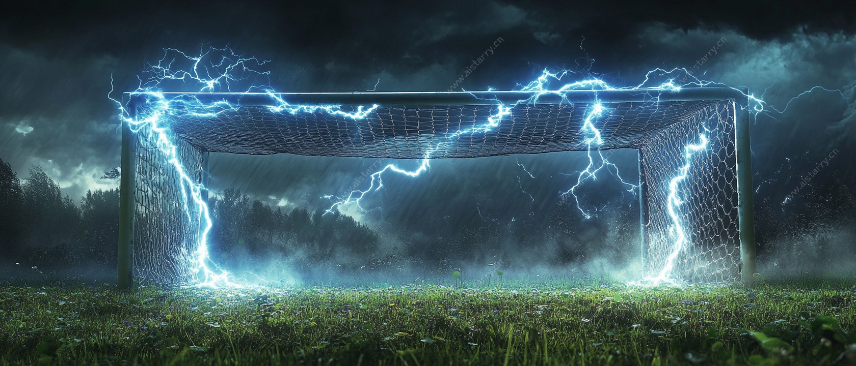 闪电环绕的足球球门