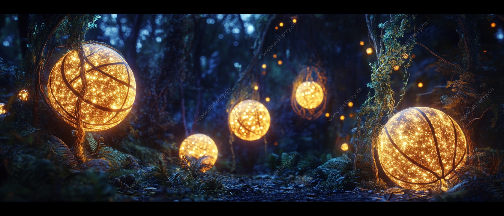 梦幻森林中的发光球形灯