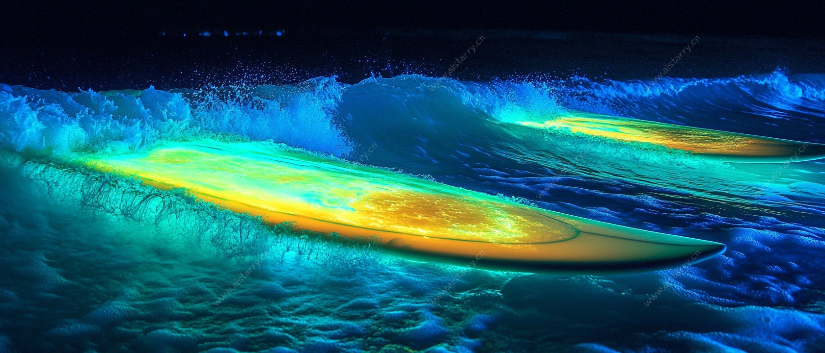 夜光冲浪板在海浪中闪耀