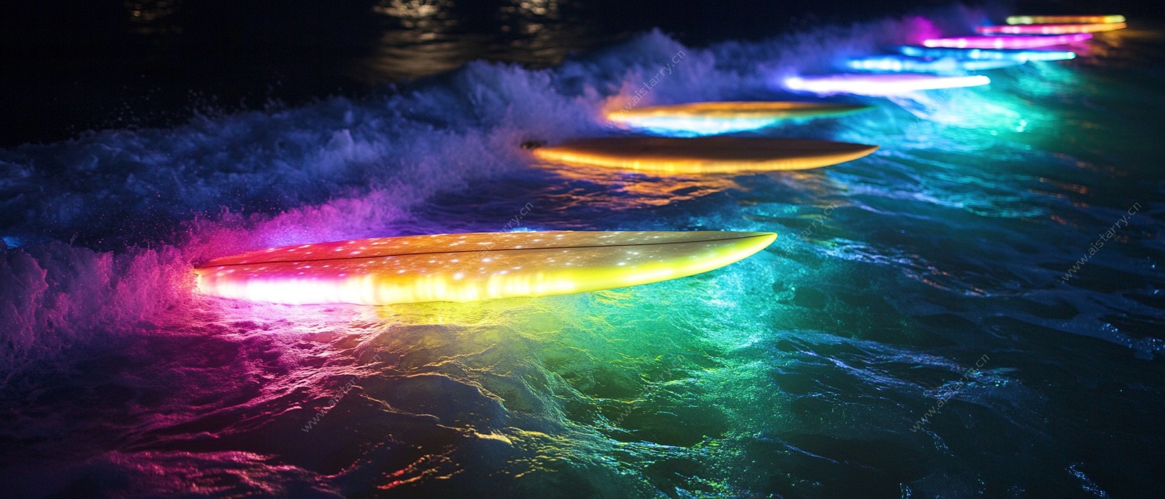 夜光冲浪板在海浪中闪耀