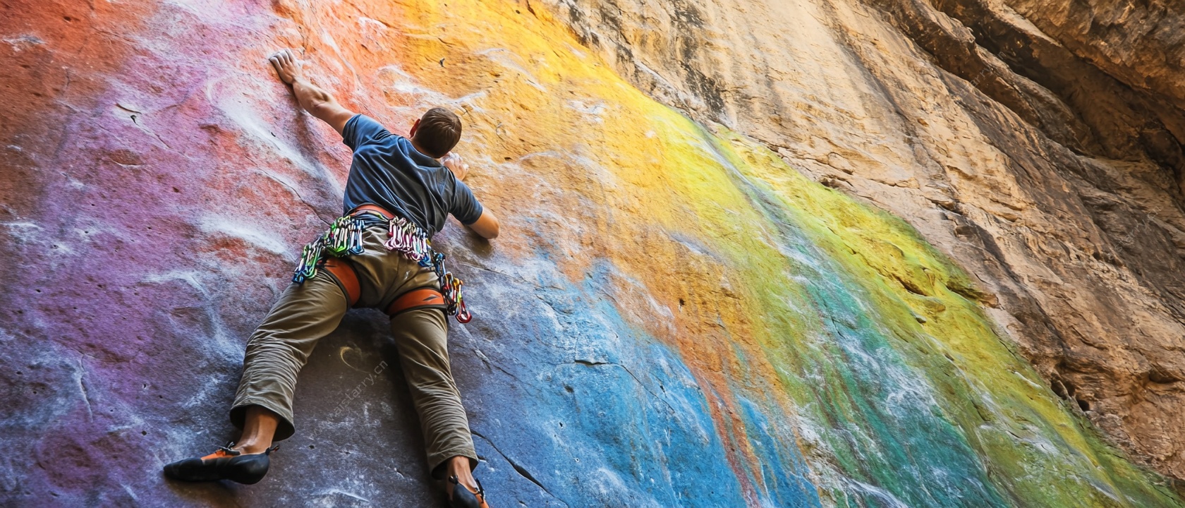 户外攀岩者攀登彩色岩壁