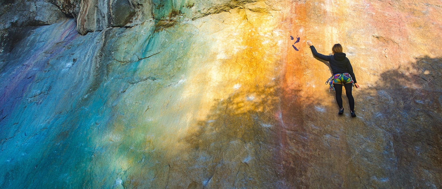 攀岩者于彩色岩壁上攀爬