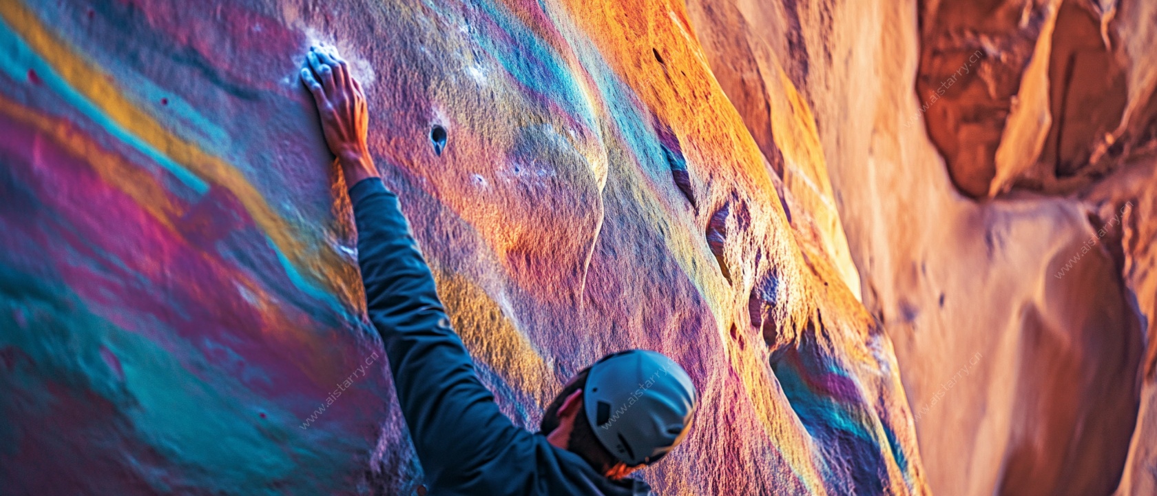 攀岩者挑战彩色岩壁瞬间