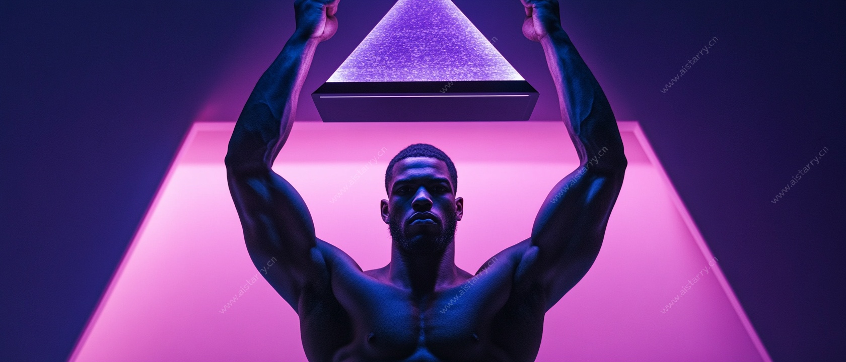 肌肉男于霓虹三角下展示力量