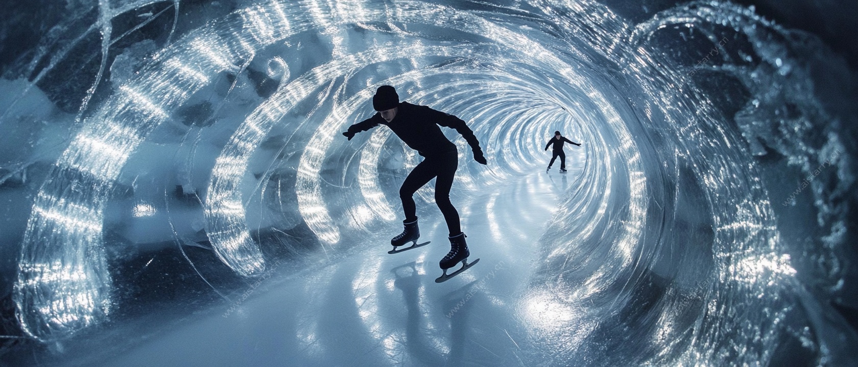 冰上速滑者穿梭梦幻光影隧道