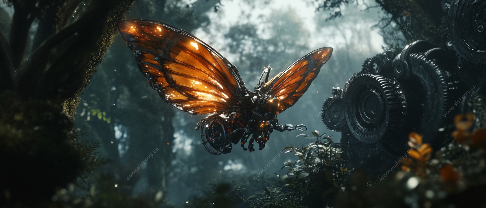 机械蝴蝶在奇幻森林中飞舞