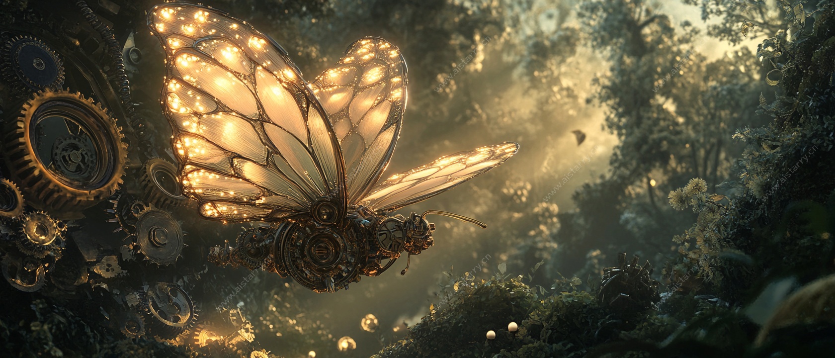 机械蝴蝶于奇幻森林飞舞
