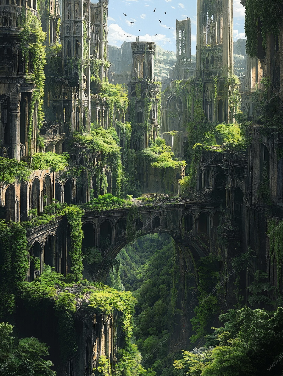 奇幻绿植覆盖的古老城堡群