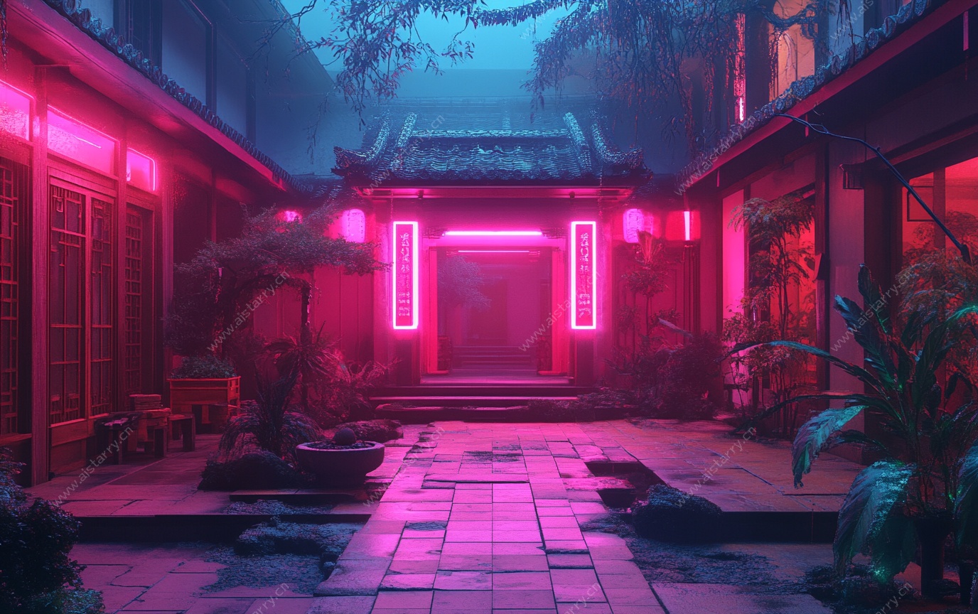 赛博朋克风中式庭院夜景