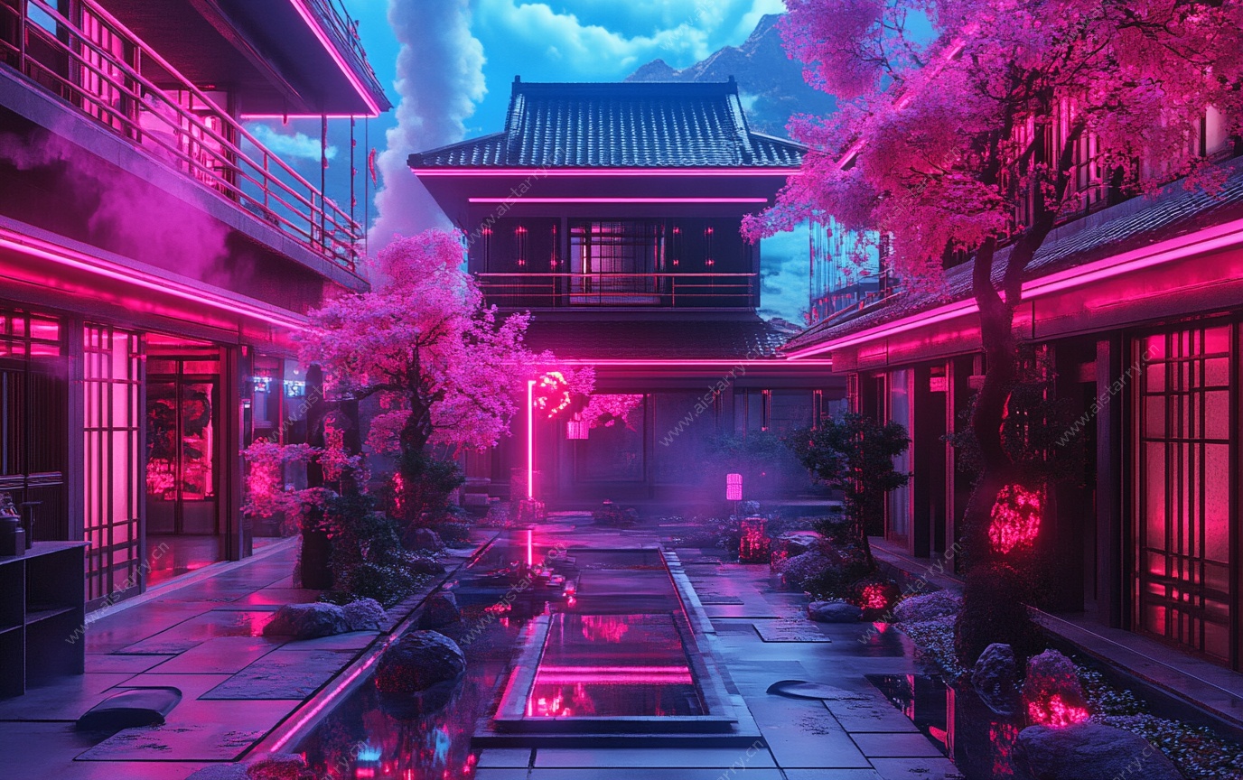 赛博朋克风中式庭院夜景