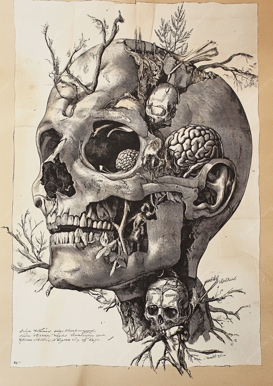 骷髅奇幻插画 自然与头骨融合