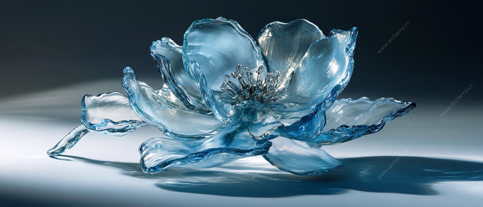 蓝色透明玻璃花摆件