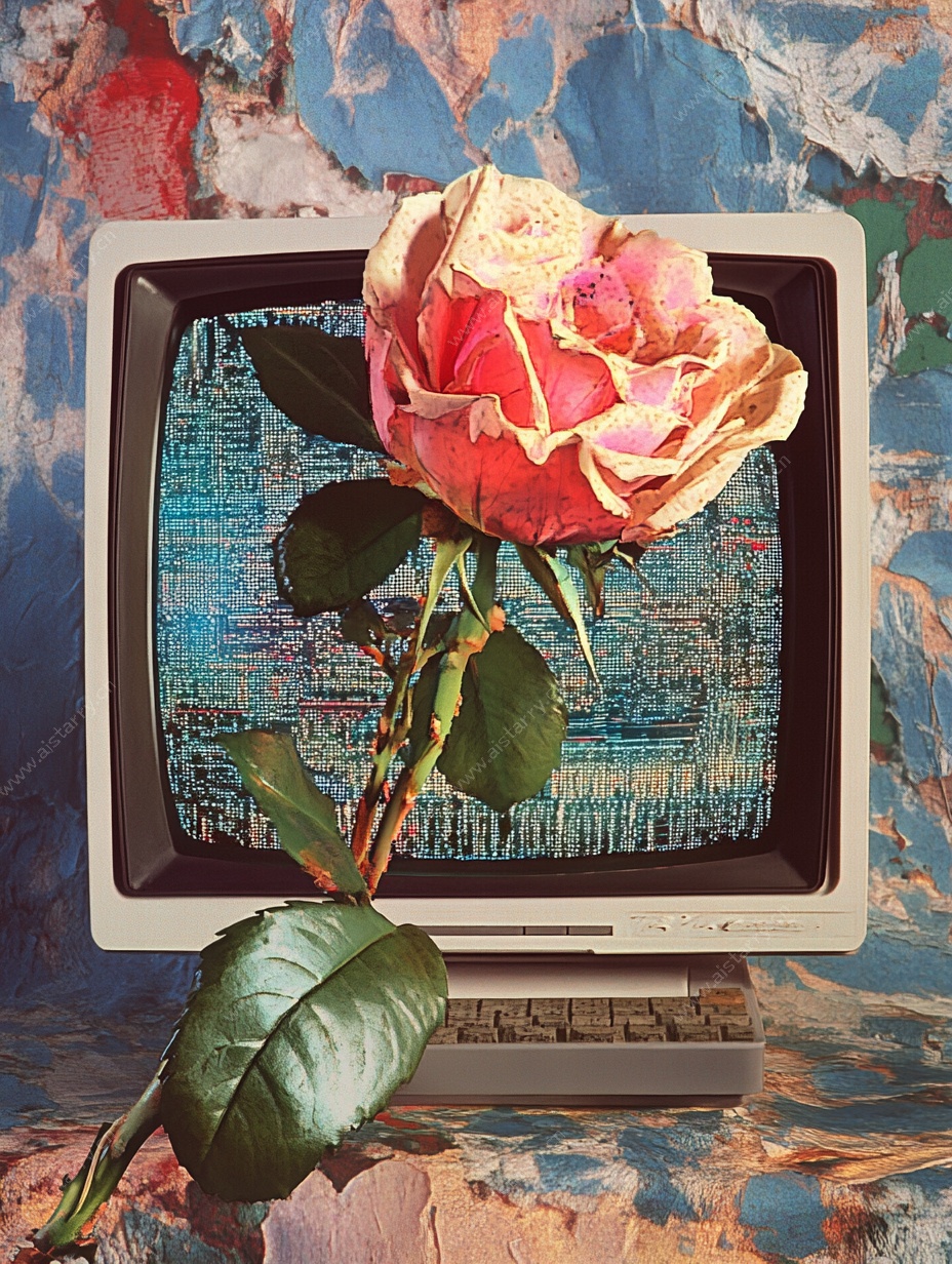 复古电视上的娇艳玫瑰